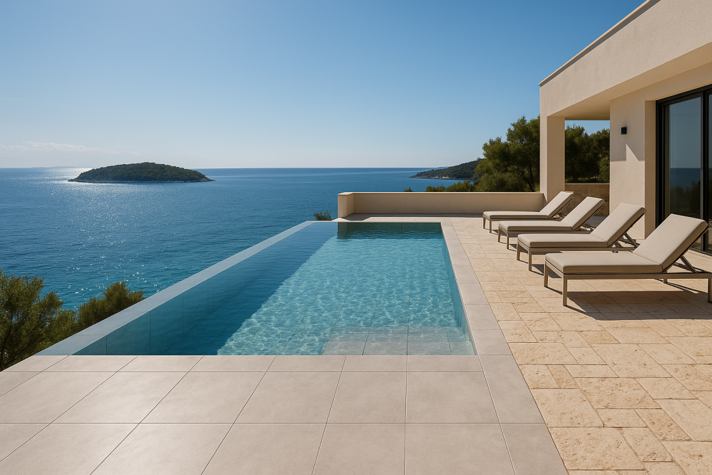 Betonski infinity bazen sa keramikom, gleda na otok u daljini