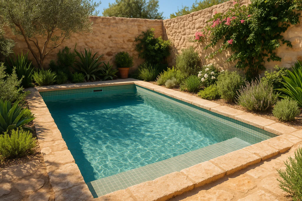 Betonski skimerski bazen u mediteranskom vrtu iza kuće